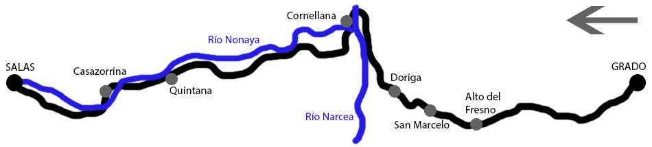 Mapa del recorrido de la etapa del Camino Primitivo entre Grado y Salas