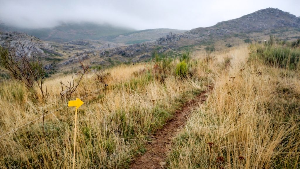 Sendero de montaña en Camino del Salvador con una flecha amarilla que indica la dirección