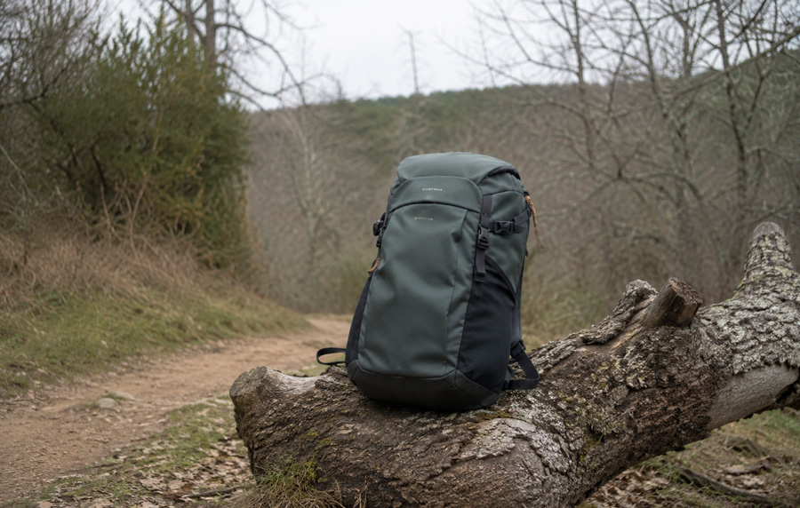 Mochila de senderismo pequeña sobre un tronco de árbol